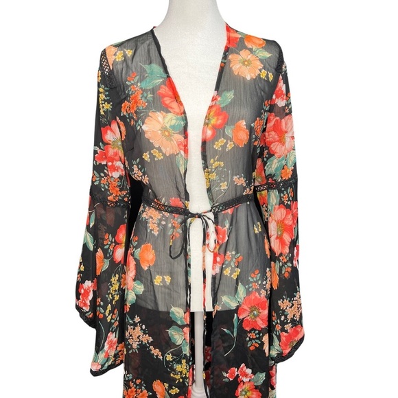 Tops - Black Sheer Floral Cover Up Robe NWT